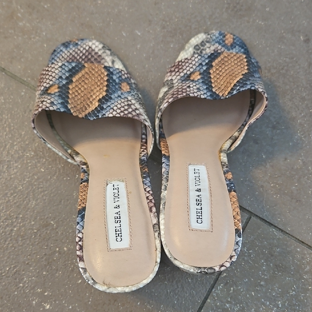 Chelsea & Violet Snake-Print Slide Mules in Blue and Tan